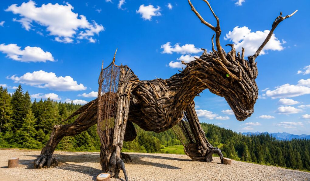 Grande drago realizzato con legno di recupero sulle montagne del Trentino
