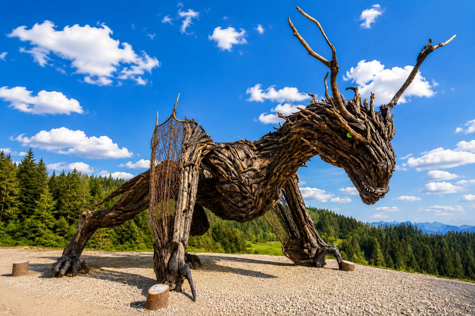Grande drago realizzato con legno di recupero sulle montagne del Trentino