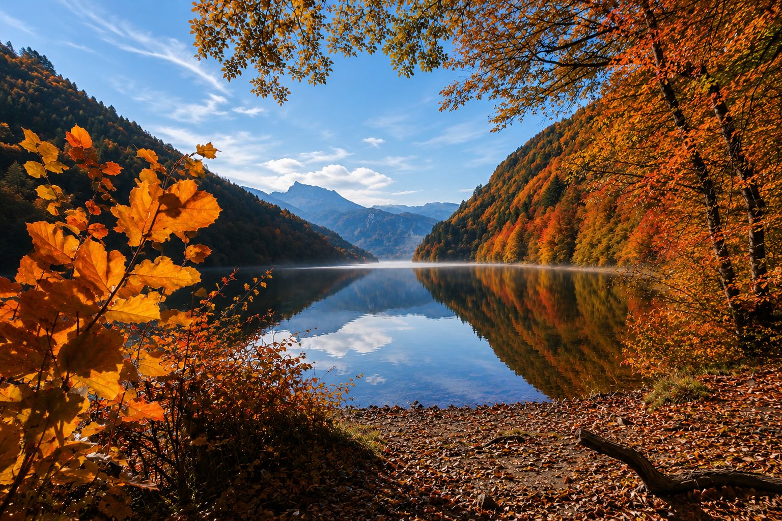 Panorama autunnale sulle montagne del lago di Levico con boschi dai colori caldi