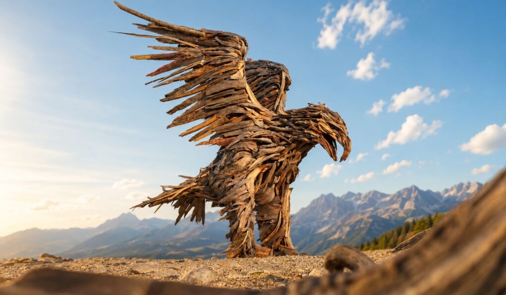 Aquila Vaia in legno tra le montagne della Valsugana