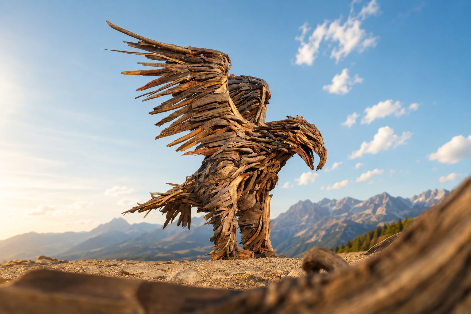 Aquila Vaia in legno tra le montagne della Valsugana