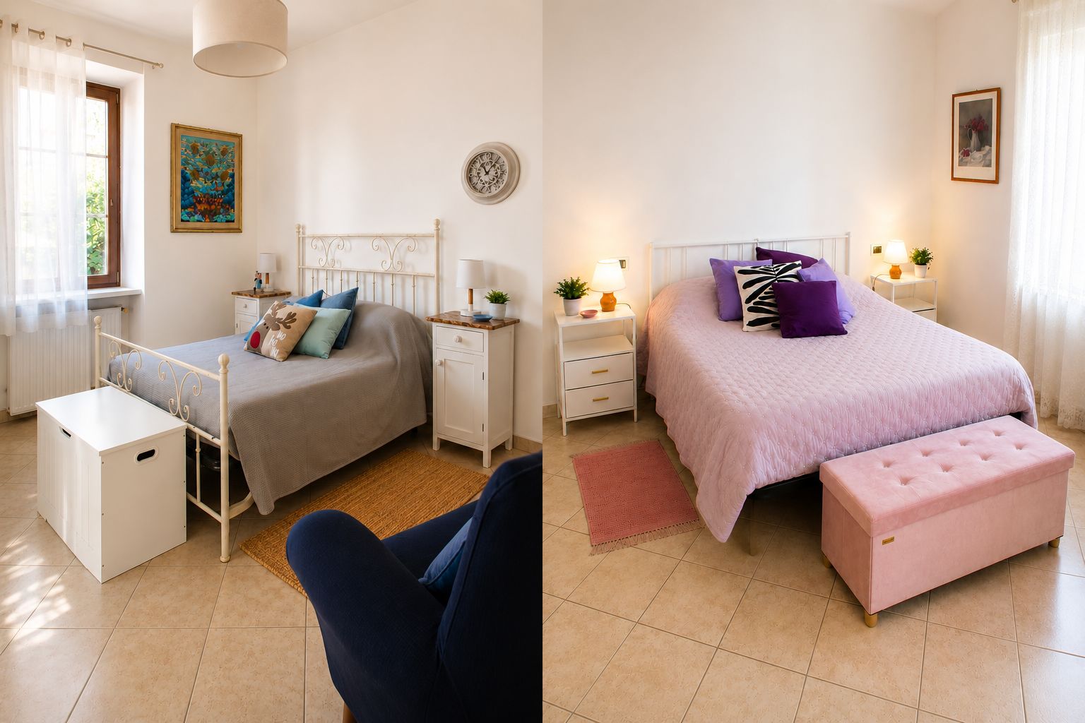 Due camere da letto luminose, una con biancheria nei toni del blu e una nei toni del lilla.