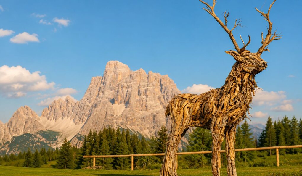 Scultura in legno raffigurante un cervo, realizzata con legno recuperato dalla tempesta Vaia, immersa nel paesaggio montano