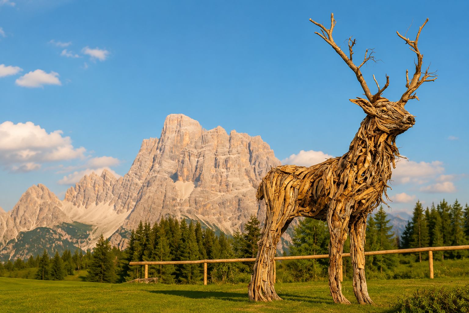 Scultura in legno raffigurante un cervo, realizzata con legno recuperato dalla tempesta Vaia, immersa nel paesaggio montano