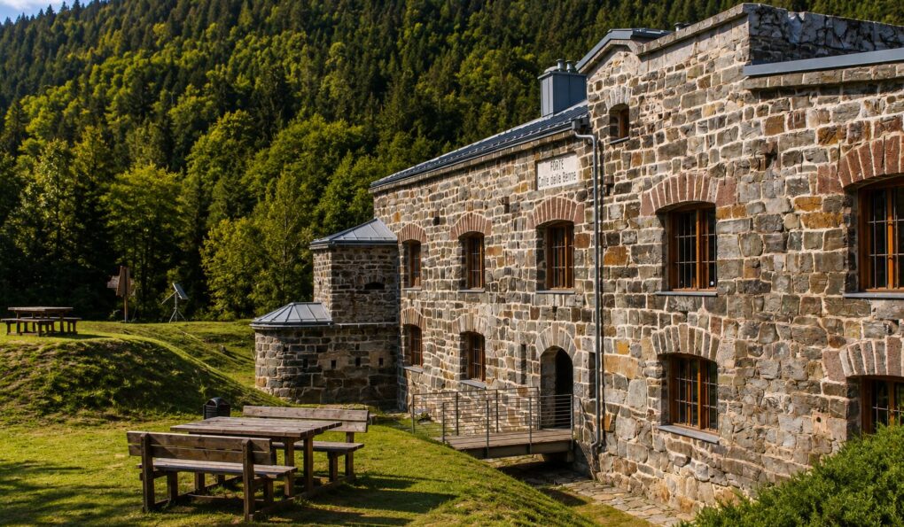Esterno del Forte Colle delle Benne immerso nel verde