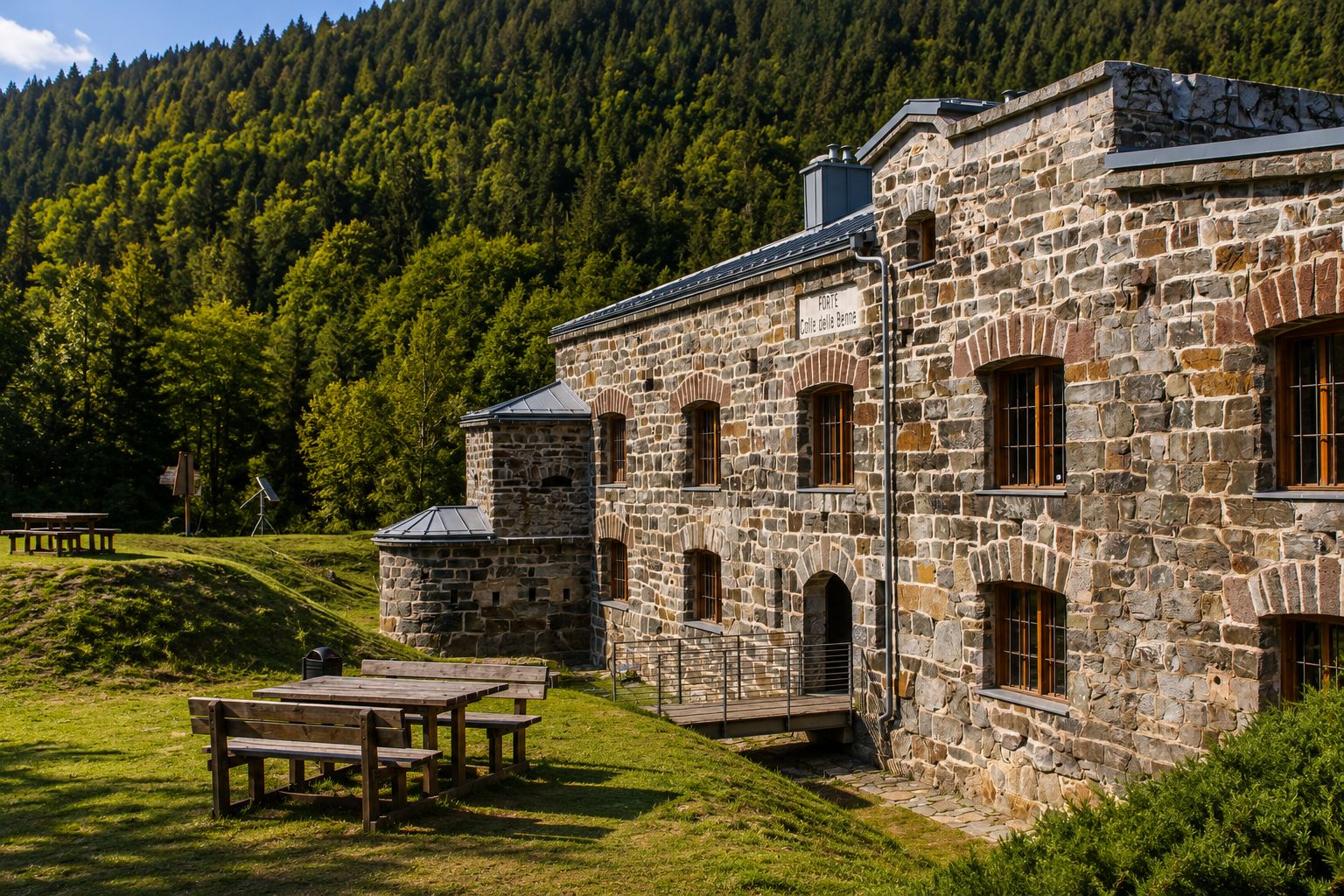 Esterno del Forte Colle delle Benne immerso nel verde