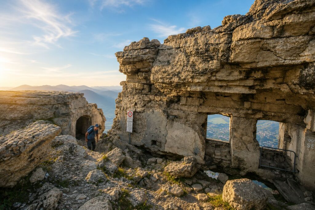 Rovine del Forte Vezzena tra le rocce con vista sulle montagne