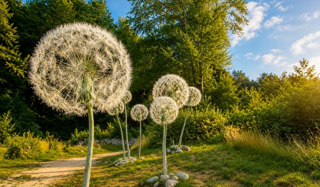 Sculture a forma di soffione lungo un sentiero nel bosco, immerse nella natura dell'Altopiano di Lavarone