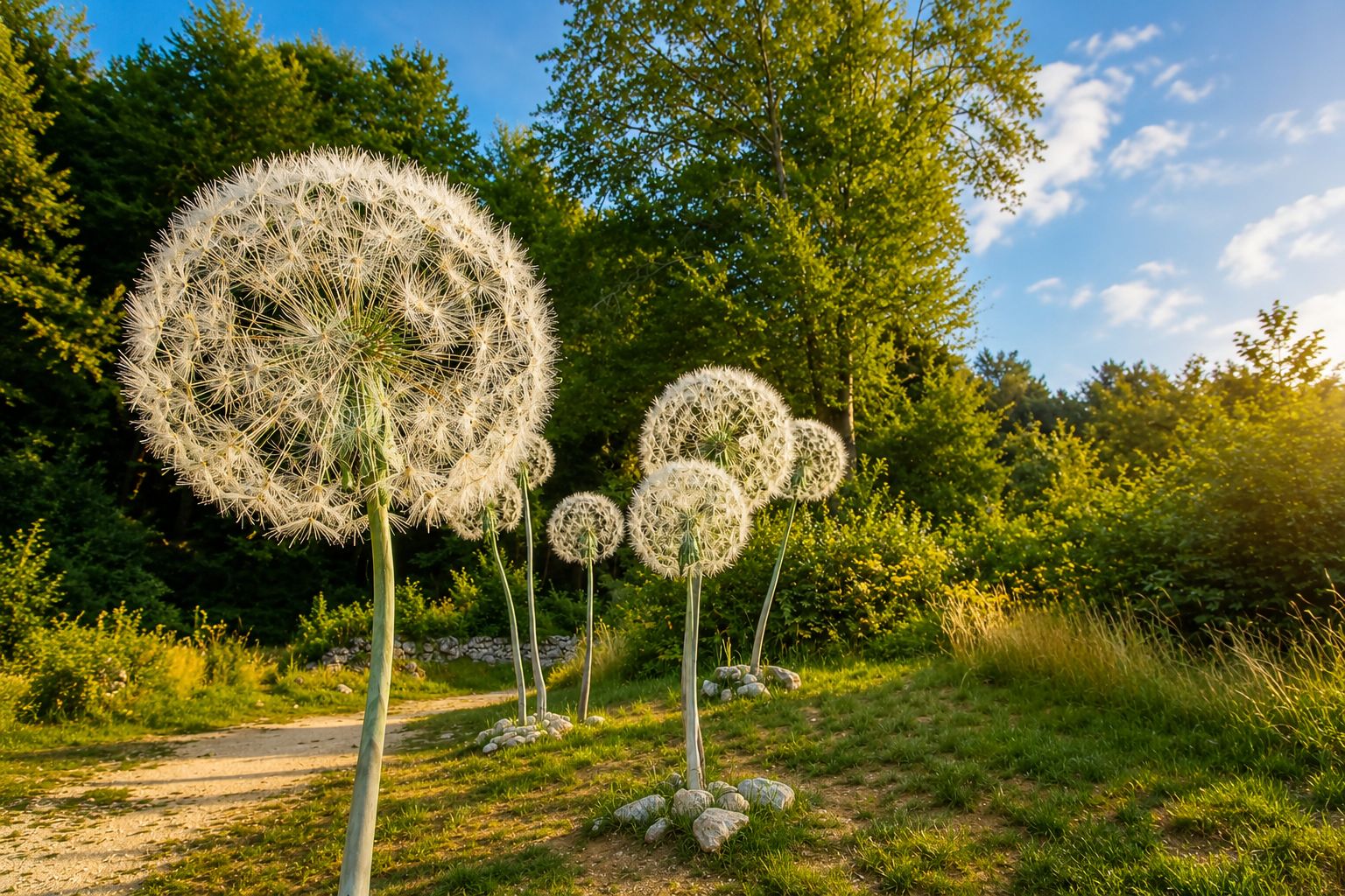 Sculture a forma di soffione lungo un sentiero nel bosco, immerse nella natura dell'Altopiano di Lavarone