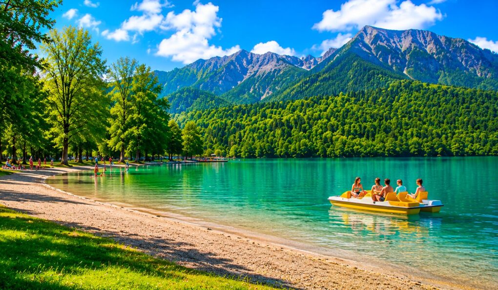 Spiaggia sul lago di Levico con pedalò e montagne sullo sfondo
