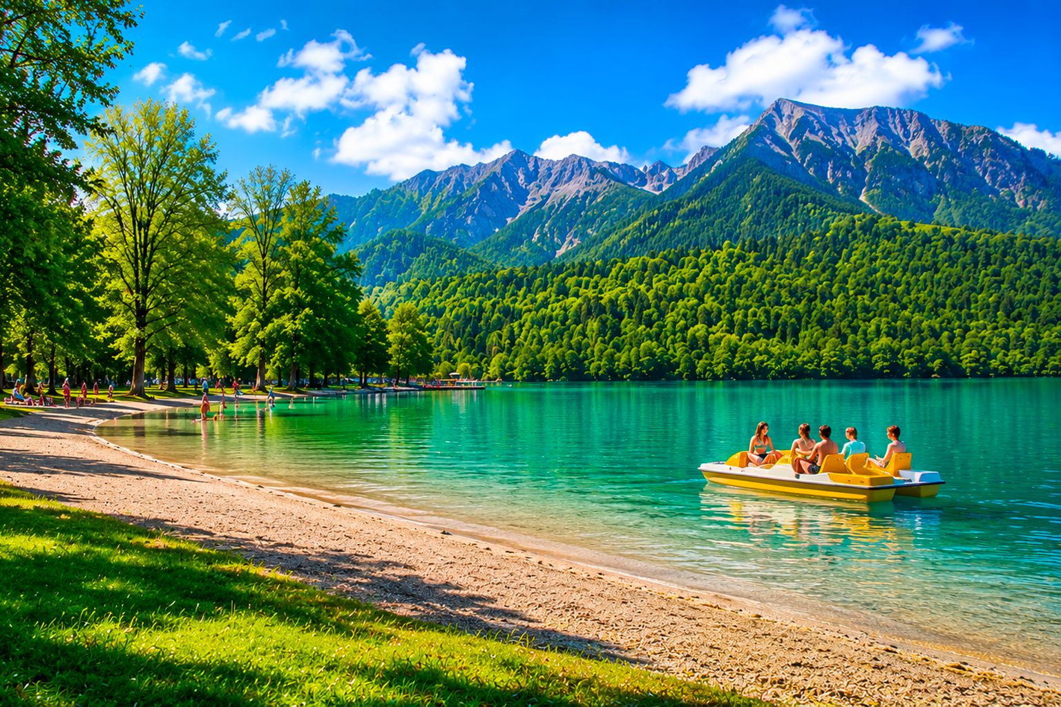 Spiaggia sul lago di Levico con pedalò e montagne sullo sfondo