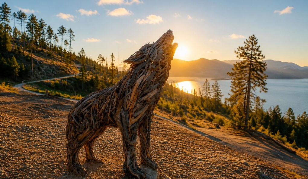 Scultura in legno raffigurante una lupa, realizzata con legno recuperato dalla tempesta Vaia, al tramonto tra le montagne