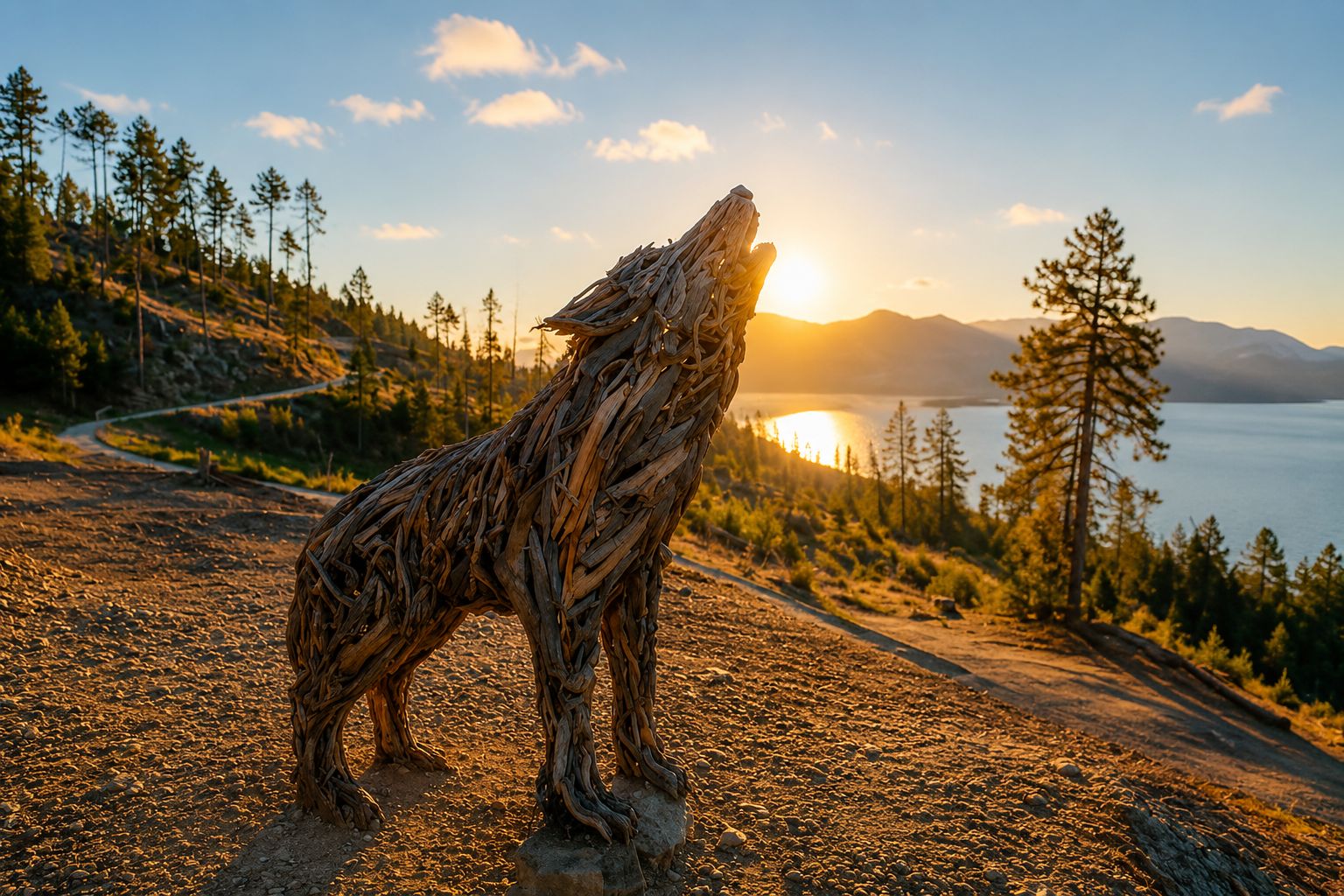 Scultura in legno raffigurante una lupa, realizzata con legno recuperato dalla tempesta Vaia, al tramonto tra le montagne