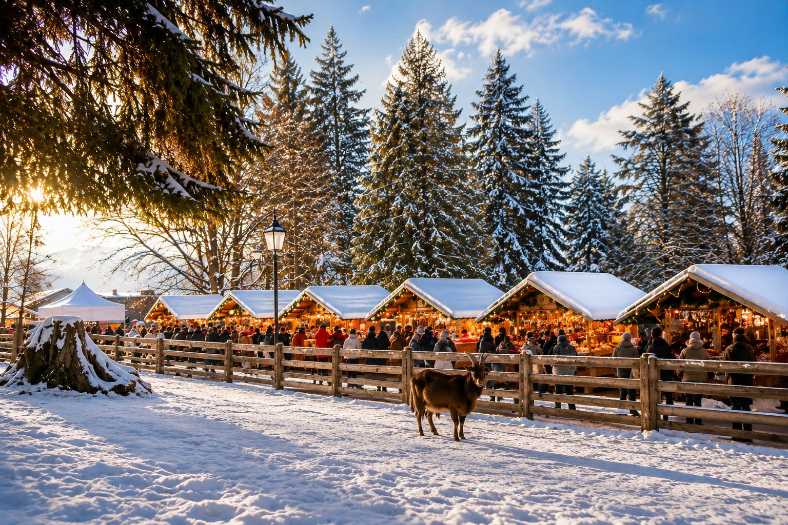 Mercatino di Natale tra gli alberi innevati con casette in legno illuminate e atmosfera festiva.