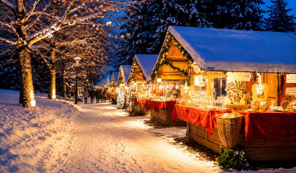 Mercatino di Natale illuminato lungo un viale innevato.