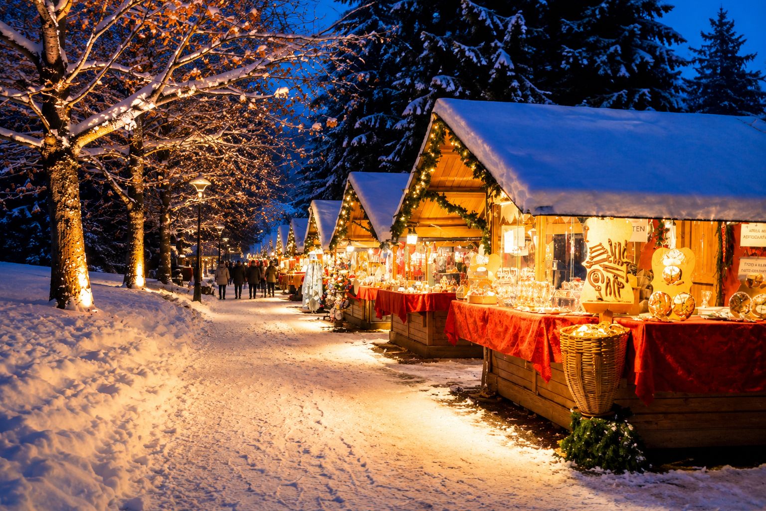 Mercatino di Natale illuminato lungo un viale innevato.