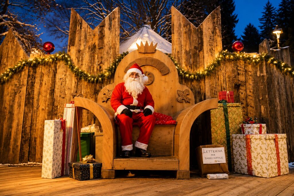 Babbo Natale seduto su un grande trono di legno circondato da regali.