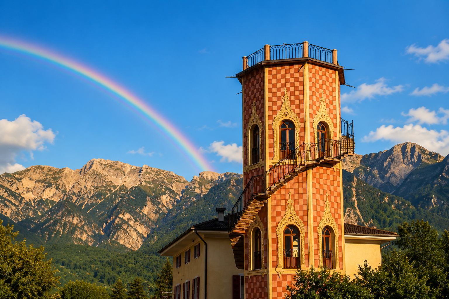 Torre Belvedere di Levico Terme con arcobaleno e montagne del Trentino sullo sfondo