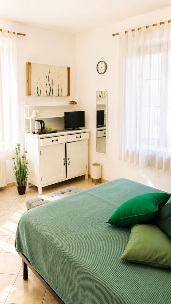 Camera da letto luminosa con letto matrimoniale, coperta verde e angolo soggiorno con TV.